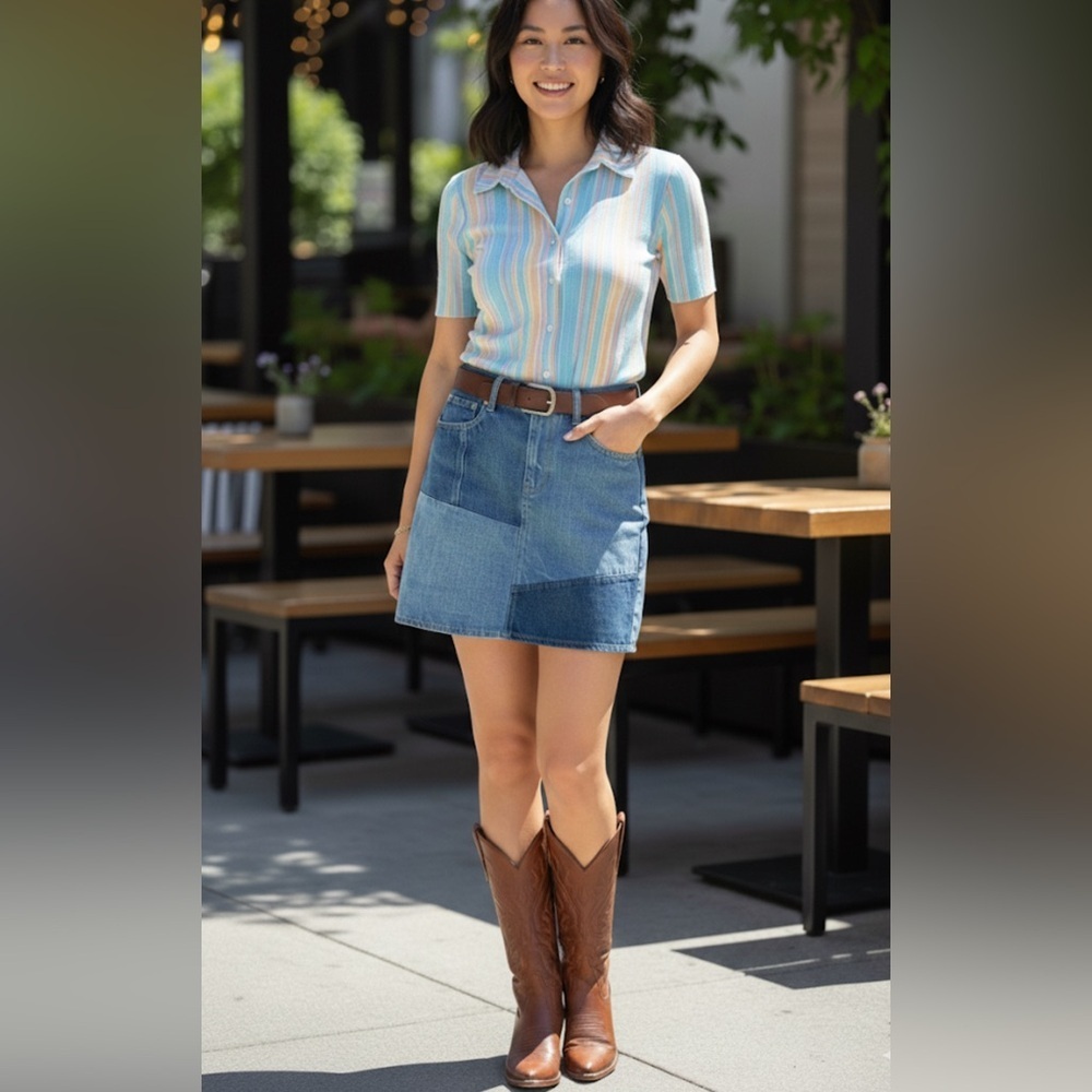 ✨Anthropologie Levi's Blue Denim Mini Patchwork Vintage Style Skirt - Picture 3 of 11
